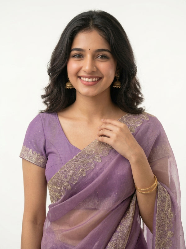 Organza Lavender Purple Stone Studded Saree with Zari Embroidered Border