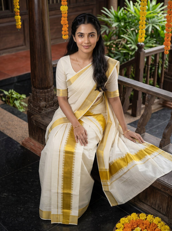 A woman wearing a cream-colored cotton saree with a golden-yellow border and pallu, seated on a wooden bench in a traditional courtyard setting.