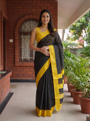 Synthetic Black Checked Saree with Golden Yellow Border