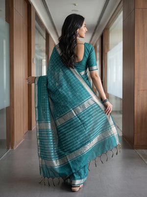 Chanderi Cotton Teal Check Weave Saree with Silver Zari Striped Pallu