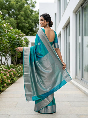 Kanjivaram Silk Teal Blue with Silver Zari Border