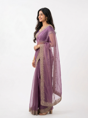 Organza Lavender Purple Stone Studded Saree with Zari Embroidered Border