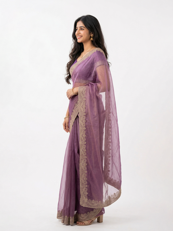 Organza Lavender Purple Stone Studded Saree with Zari Embroidered Border