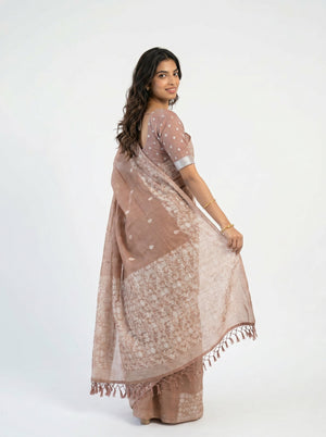 Cotton Dusty Brown Woven Border Saree
