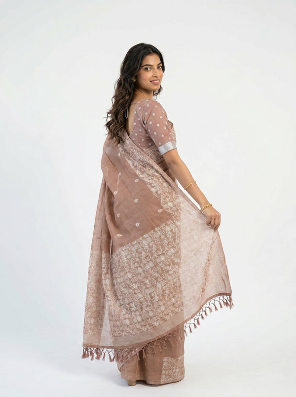 Cotton Dusty Brown Woven Border Saree