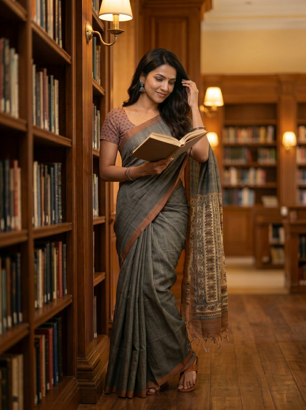 Woman in a saree reading a book in a library