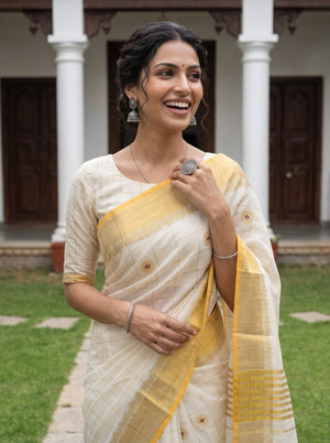 Cotton Cream Checkered Floral Booti Gold Lace Border Onam Kerala Saree