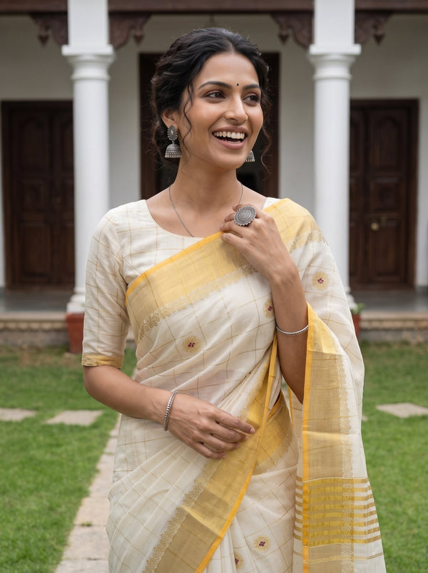 Cotton Cream Checkered Floral Booti Gold Lace Border Onam Kerala Saree