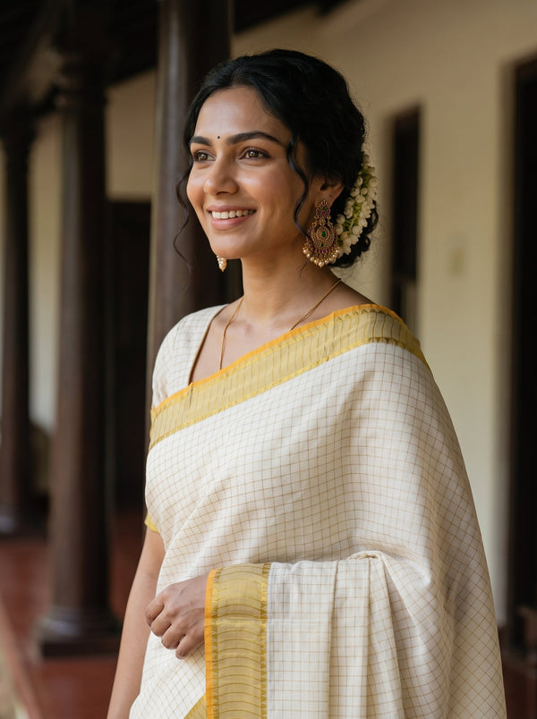 Cotton Cream Checkered Golden Orange Border Onam Special Kerala Saree