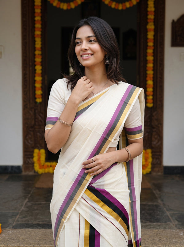 Cotton Cream Body Magenta Black Gold Stripe Border Onam Kerala Set mundu