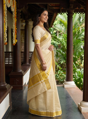 Tissue Cream Gold Pinstripe Onam Special Kerala Saree