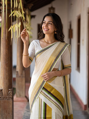 Cotton Cream Golden Yellow Contrast Stripe Border Onam Special Set Mundu