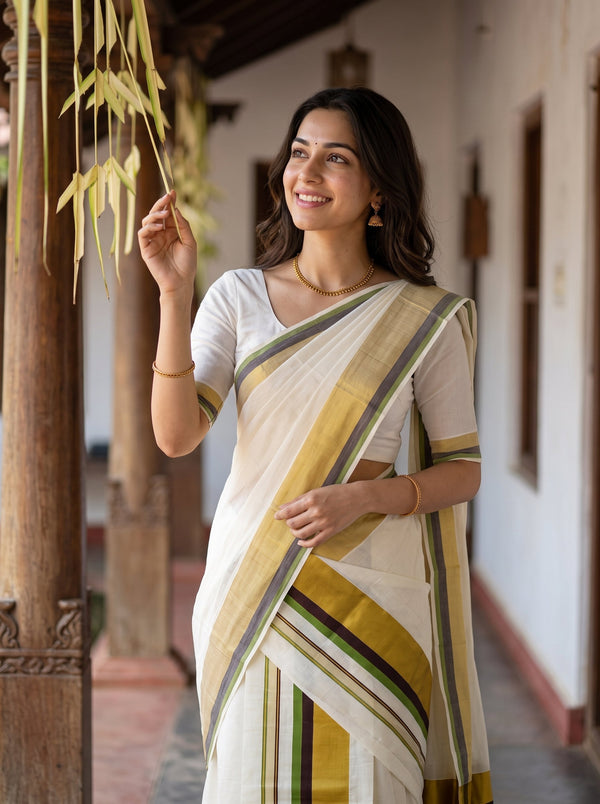 Cotton Cream Golden Yellow Contrast Stripe Border Onam Special Set Mundu
