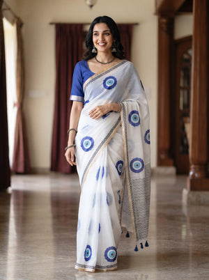 Linen White Evil Eye Print Saree with Black Geometric Border