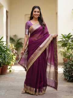 Tissue Banarasi Magenta Solid Saree with Gold Woven Border and Lace Edge