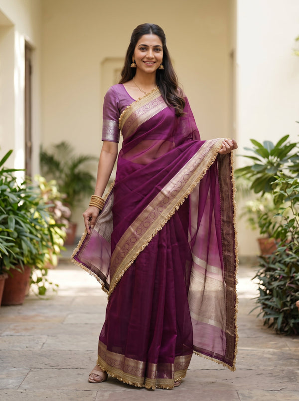 Tissue Banarasi Magenta Solid Saree with Gold Woven Border and Lace Edge