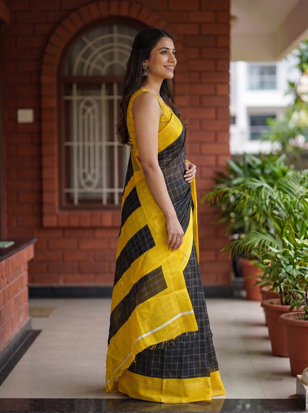 Synthetic Black Checked Saree with Golden Yellow Border