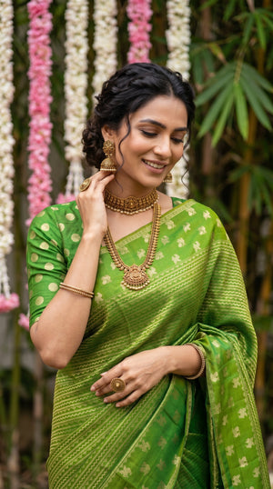 Kanjivaram Parrot Green Saree with All-Over Chevron Weave & Gold Floral Border