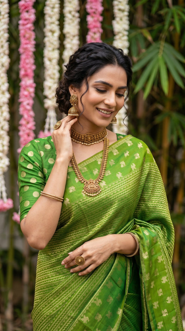 Kanjivaram Parrot Green Saree with All-Over Chevron Weave & Gold Floral Border