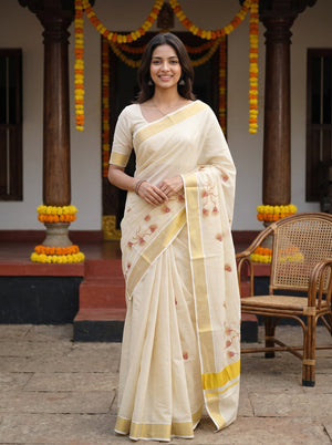 Tissue Cream Rust Floral Vine Embroidery  Onam Special Kerala Saree with Golden Border