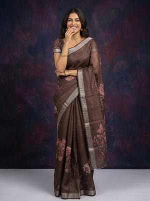 Tissue Linen Brown Floral Printed Saree