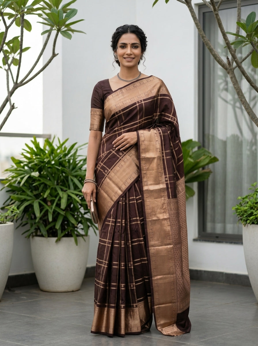 Kanjivaram Silk Coffee Brown Checked Saree with Gold Border