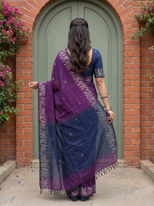Cotton Purple Navy Blue Vine Border Booti Saree