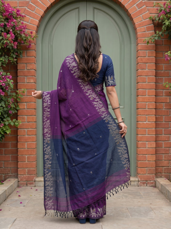 Cotton Purple Navy Blue Vine Border Booti Saree