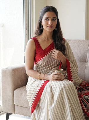 Synthetic Beige White Stripe Saree with Red Temple Border and Tribal Pallu