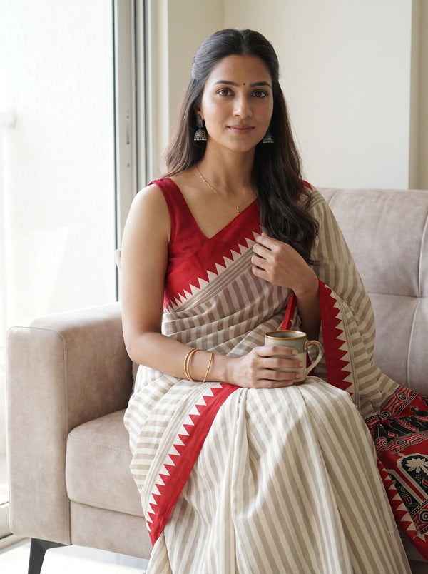 Synthetic Beige White Stripe Saree with Red Temple Border and Tribal Pallu