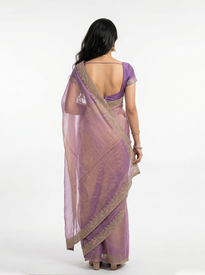 Organza Lavender Purple Stone Studded Saree with Zari Embroidered Border