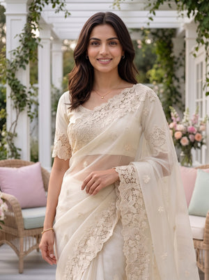 Organza Cream Saree with Floral Cutwork Lace Border