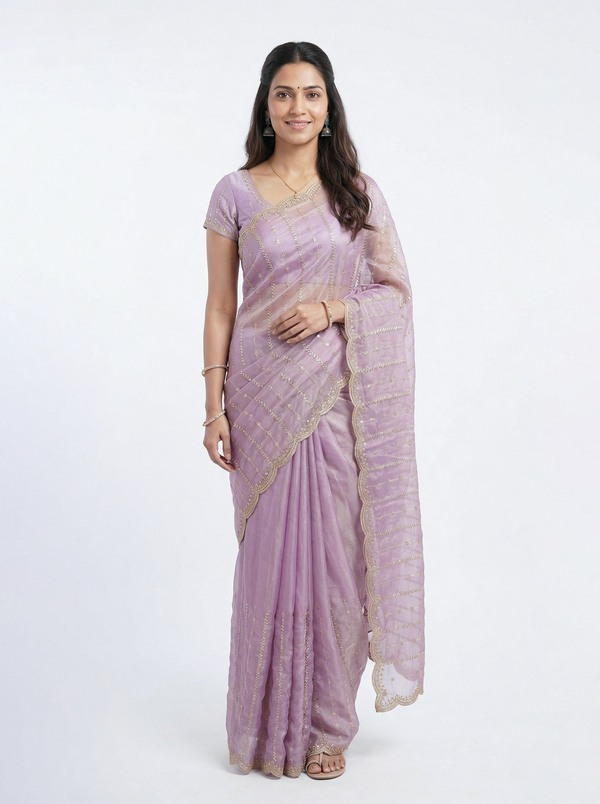 Shimmer Organza Lilac Purple Sequin Embroidered Saree with Scalloped Zari Border