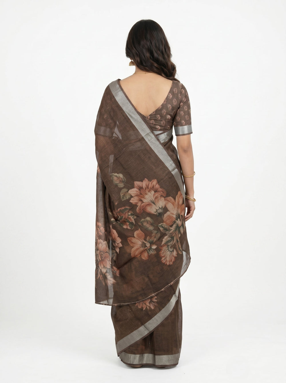 Tissue Linen Coffee Brown Floral Printed Saree