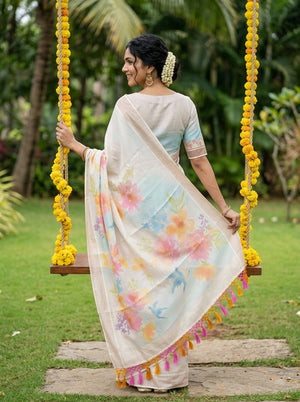 Tissue Off White Watercolor Floral Border Tassel Set Saree