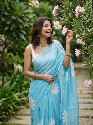 Cotton Sky Blue Large Daisy Print Saree with Tassel Pallu