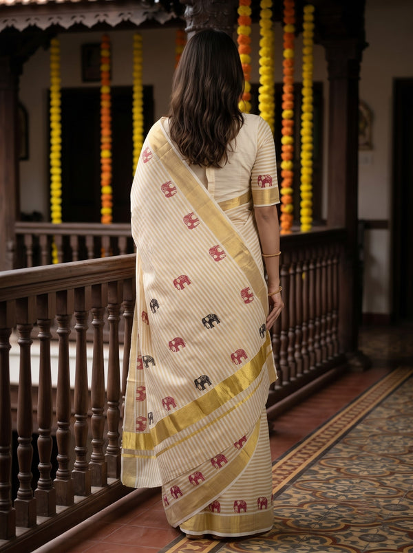 Cotton Cream Elephant Motif Pinstripe Golden Border Onam Festive Kerala Saree