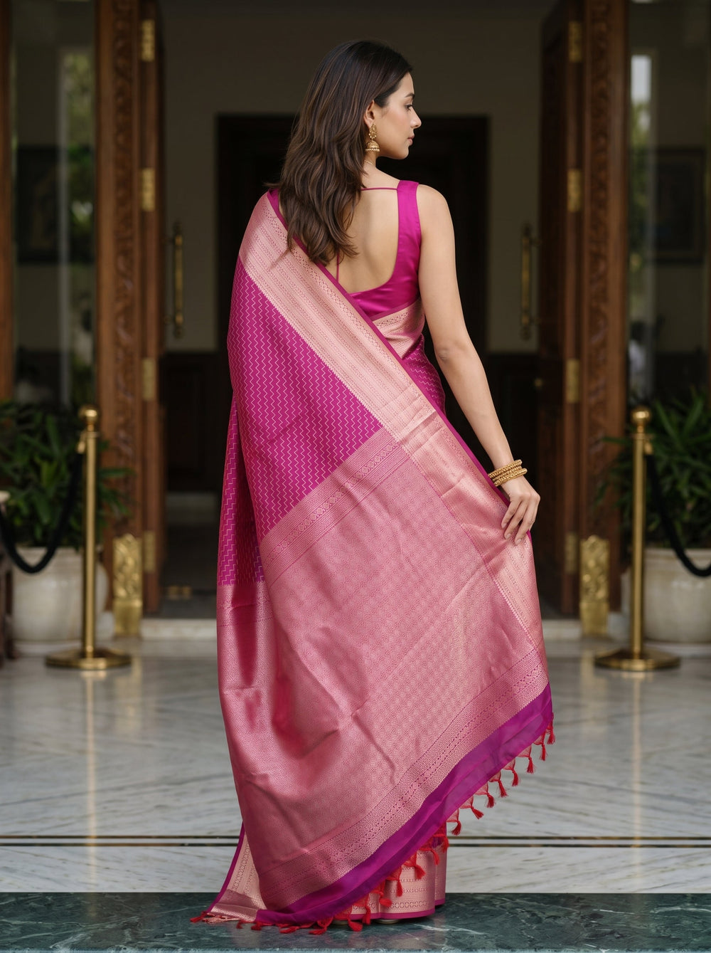 Kanjivaram Silk Magenta Pink Zari Woven Traditional Saree