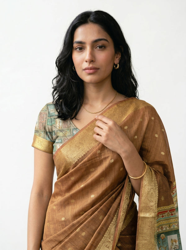 Jute Brown Zari Butta Saree with Kalamkari Pallu