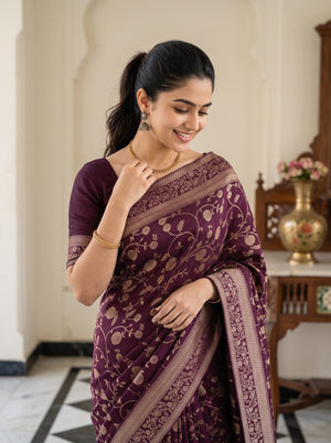 Banarasi Silk Wine Allover Floral Saree with Matching Zari Border