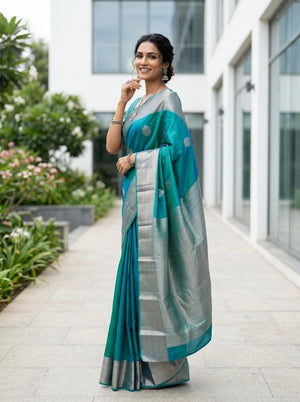 Kanjivaram Silk Teal Blue with Silver Zari Border