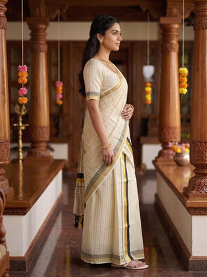 Tissue Cream Pinstripe  with Black Gold Grey Border Onam Special Set Mundu