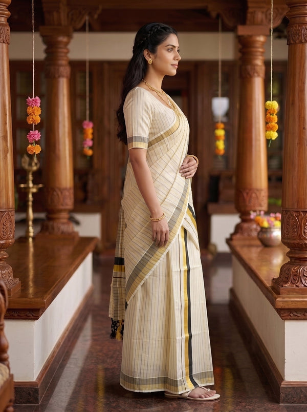 Tissue Cream Pinstripe  with Black Gold Grey Border Onam Special Set Mundu