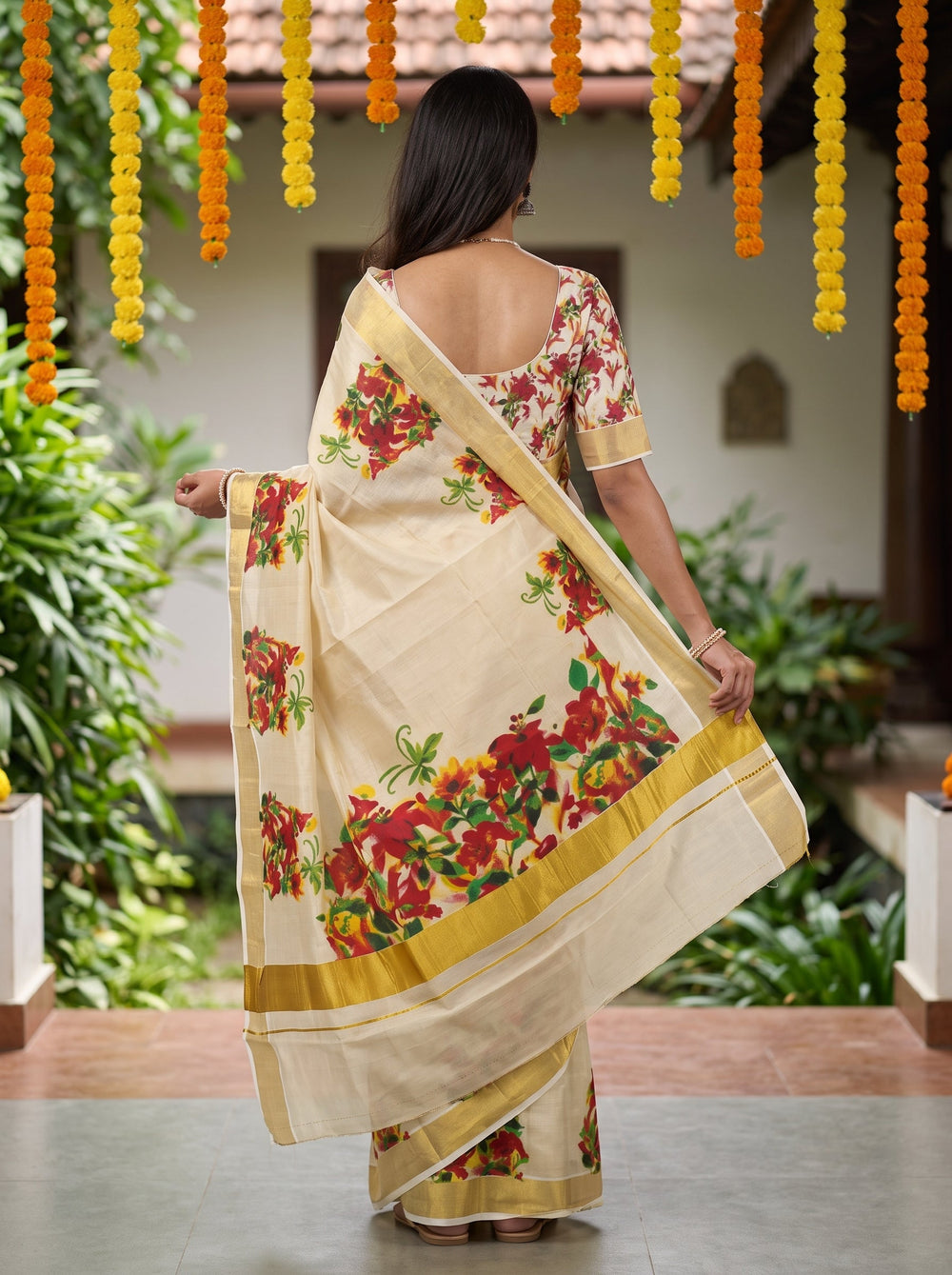 Tissue Cream Floral Print  Onam Special Kerala  Saree with Golden Border