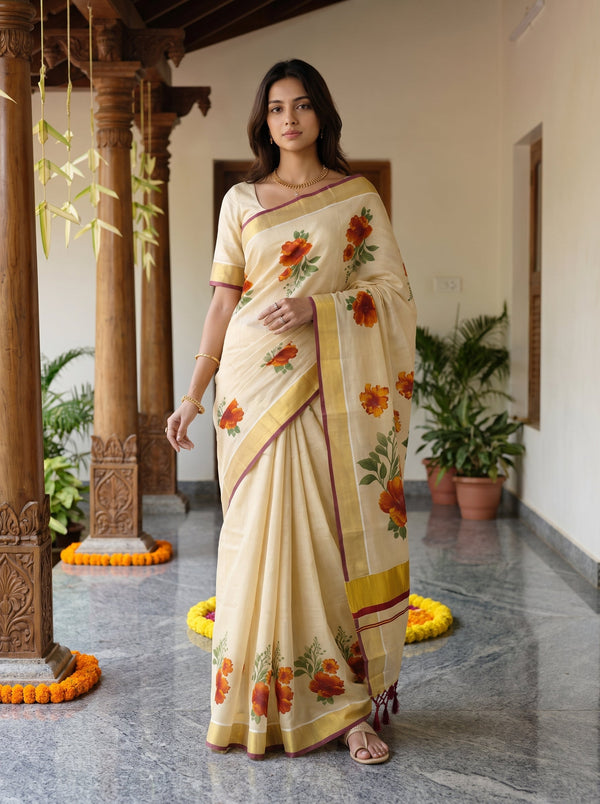 Tissue Cream Printed Onam Special Kerala Floral Saree with Golden Maroon Border