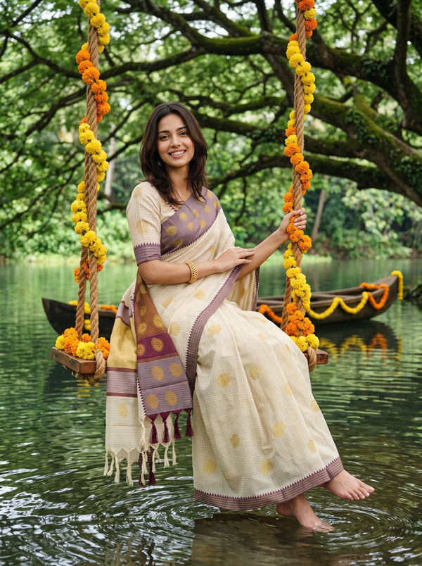 Cotton Cream Checkered Body Saree with Gold Buti and Maroon Temple Border
