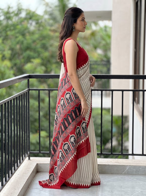 Synthetic Beige White Stripe Saree with Red Temple Border and Tribal Pallu