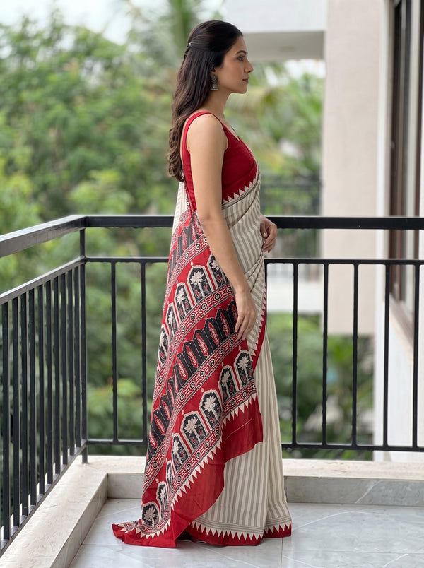 Synthetic Beige White Stripe Saree with Red Temple Border and Tribal Pallu