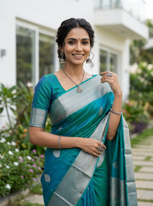 Kanjivaram Silk Teal Blue with Silver Zari Border