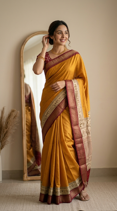 Woman in a yellow saree with maroon border standing in front of a mirror.